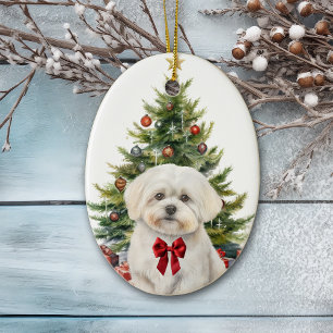 Décoration En Céramique Red Bow adorable chien maltais Noël