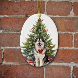 Décoration En Céramique Red Bow Alaskois Malamute Chien Noël