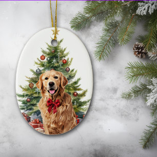 Décoration En Céramique Red Bow Golden Retriever Chien Noël