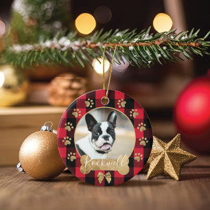 Décoration En Céramique Red Buffalo Plaid Pattern Gold Bow Family Photo