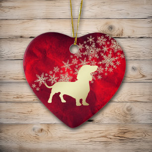 Décoration En Céramique Red Gold Snowflake Dachshund