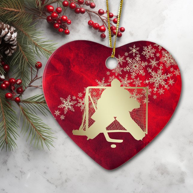 Décoration En Céramique Red Gold Snowflake Hockey Goalie Personnalisé (Créateur téléchargé)