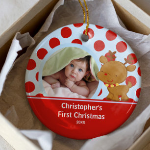 Décoration En Céramique Reindeer Baby Boy Photo Ornament de Noël