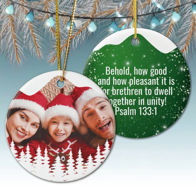 Décoration En Céramique Religious Christian Scripture Divine Passage ⛪️ 🎄 (Custom image Gospel Psalm 133:1 Religious Holiday Ceramic Devotional Ornament green star sparkle 🌲✞)