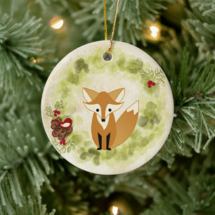 Décoration En Céramique Renard de bois mignon et couronne de Noël