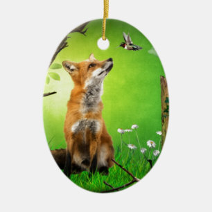Décoration En Céramique renard et l'oiseau de ronflement