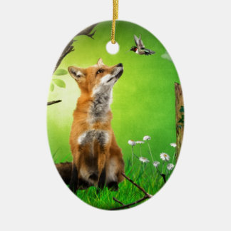 Décoration En Céramique renard et l'oiseau de ronflement