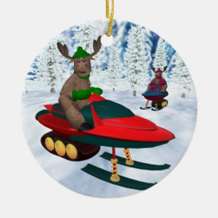 Décoration En Céramique Renne lunatique sur des Snowmobiles