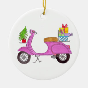 Décoration En Céramique Retro dessiné à la main scooter de noël avec cadea