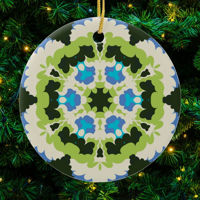 Décoration En Céramique Retro Mandala bleu vert blanc et noir (Blue Green White and Black Retro Mandala Christmas Ornament from Wormhole Orbital)