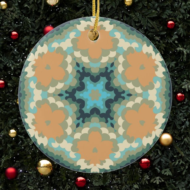 Décoration En Céramique Rétro Mandala Orange et Blue (Orange and Blue Retro Mandala Christmas Ornament from Wormhole Orbital)