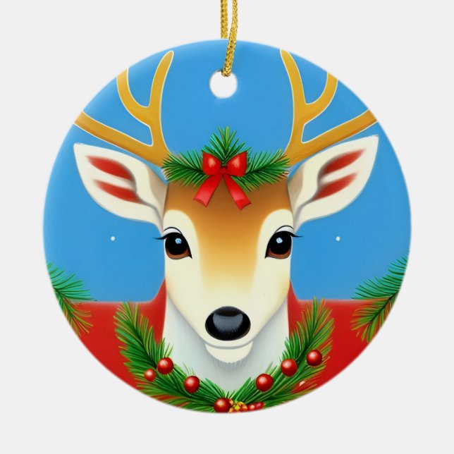Décoration En Céramique Rindeer Festif avec couronne de Vacances (Devant)