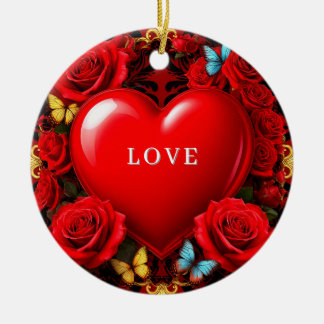 Décoration En Céramique Romantic Red Heart Framed by Roses and Butterflies