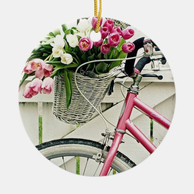 DÉCORATION EN CÉRAMIQUE ROSE "VÉLO" AVEC FLEURS DE PANIER (Devant)
