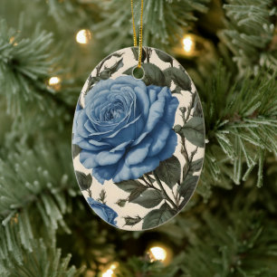 Décoration En Céramique Roses Bleus Et Feuilles Verts,