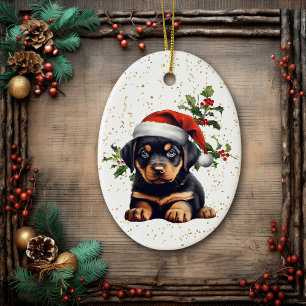 Décoration En Céramique Rottweiler Puppy Christmas Holly