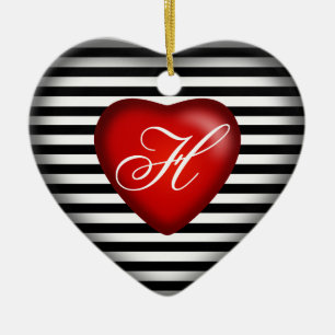 Décoration En Céramique Rouge blanc noir rayé du coeur   de monogramme