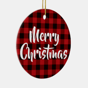Décoration En Céramique Rouge du pays, buffle noir plaid - Joyeux Noël