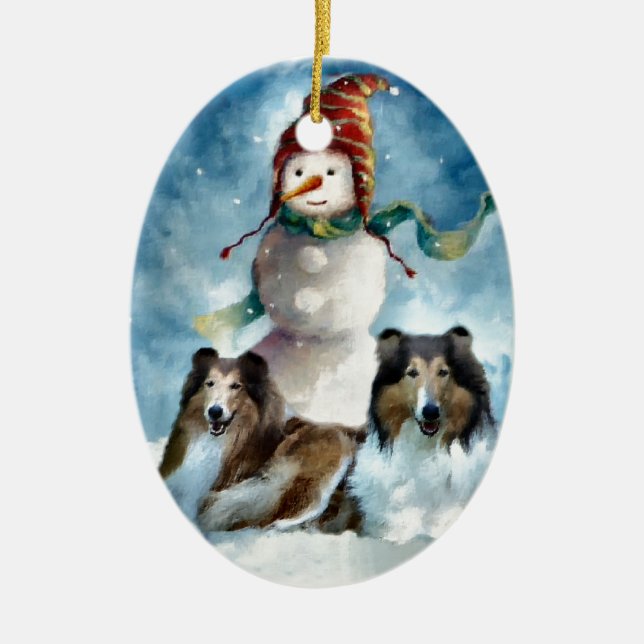 Décoration En Céramique Rough Collie avec Snowman Christmas (Devant)