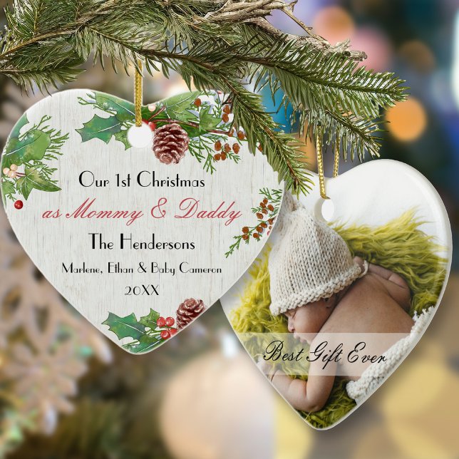 Décoration En Céramique Rustic 1st Christmas New Mom & Dady Custom Photo  (Créateur téléchargé)