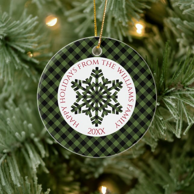 Décoration En Céramique Rustique Classy Green Tartan Chèques Snowflakes (Arbre)