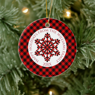 Décoration En Céramique Rustique Classy Rouge Noir Tartan Chèques Snowflak