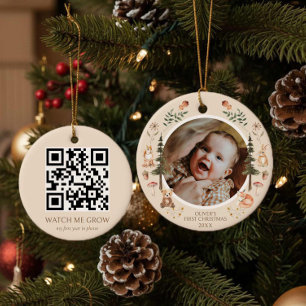 Décoration En Céramique Rustique Woodland First Christmas Photo QR Code