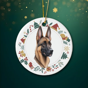 Décoration En Céramique Santa Hat Belge Malinois Chien Couronne de Noël