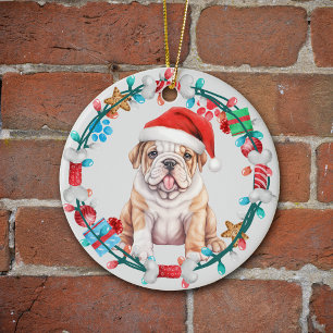 Décoration En Céramique Santa Hat Bulldog Puppy Bone Wreath