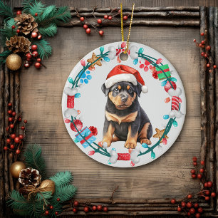 Décoration En Céramique Santa Hat Rottweiler Puppy Bone Wreath
