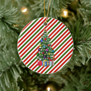 Décoration En Céramique Sapin de Noël sur rayures de fêtes