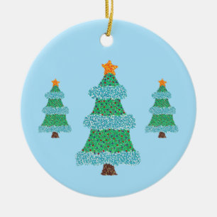 Décoration En Céramique Sapins de Noël pointillistes sur fond bleu, orneme