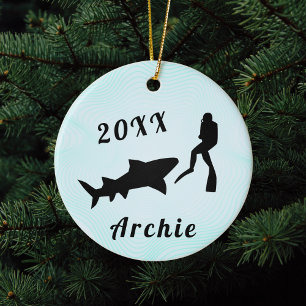 Décoration En Céramique Scuba Diver & Shark Ocean Sea Underwater Diving   