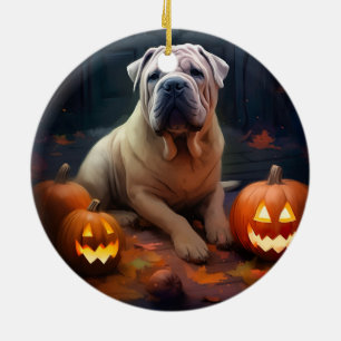 Décoration En Céramique Shar Pei Halloween avec citrouilles effrayant