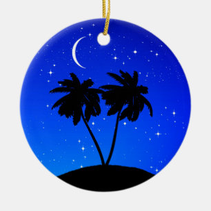 Décoration En Céramique Silhouette de palmier, Bleu du soir avec étoiles