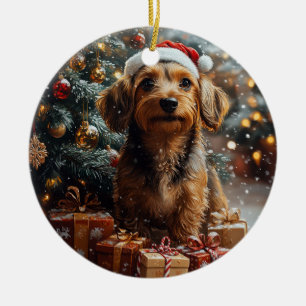 Décoration En Céramique Silky Wire Haired Dachshund Noël