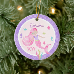 Décoration En Céramique Sirène Aquarelle Rose et Violet Souvenir