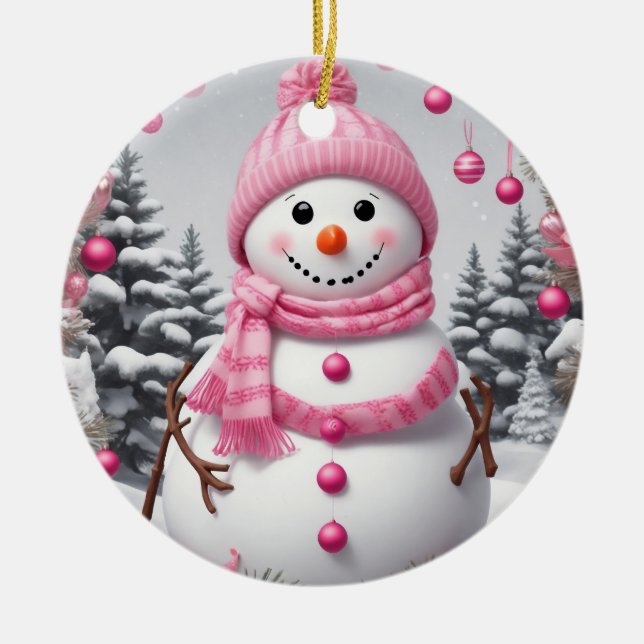 Décoration En Céramique Snowman de Noël rose personnalisé (Devant)