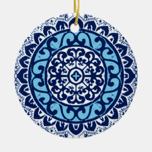 Décoration En Céramique Soleil Sud-Ouest Mandala Batik, bleu marine et bla