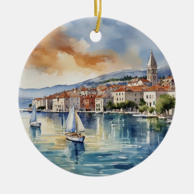 Décoration En Céramique Split Croatie Voilier Aquarelle (Devant)