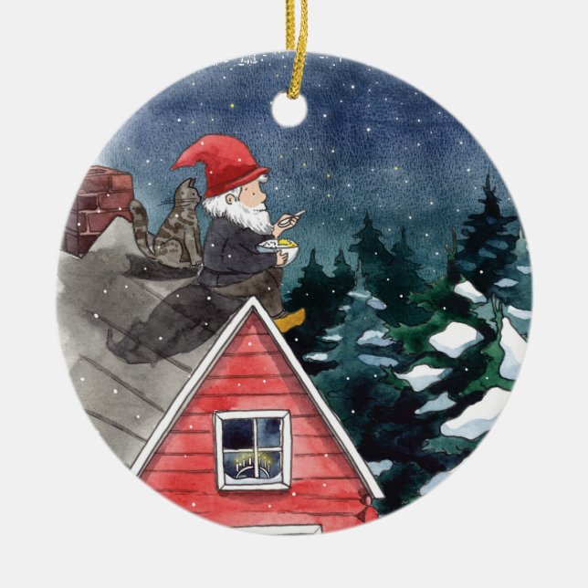 Décoration En Céramique Suédois Tomten Noël Gnome Aquarelle (Devant)