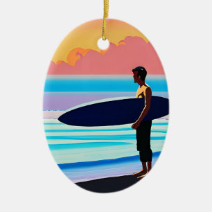 Décoration En Céramique Surfer debout sur une plage au coucher du soleil