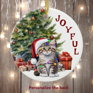 Décoration En Céramique Tabby Kitty Chat dans les lumières de Noël pour pe