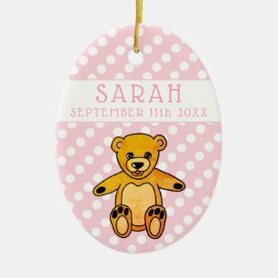 Décoration En Céramique Teddy Bear Pink Polka Dot Baby Girl Birth Date
