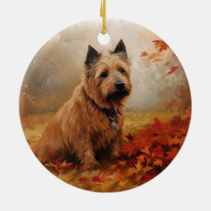 Décoration En Céramique Terrier Australien dans les feuilles d'automne qui