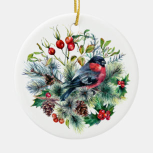 Décoration En Céramique Thème nature Bullfinch Pine Branches Pine Cônes