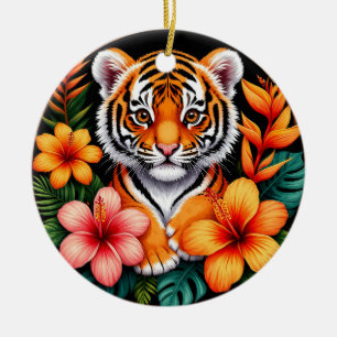 Décoration En Céramique Tigre entouré de fleurs tropicales
