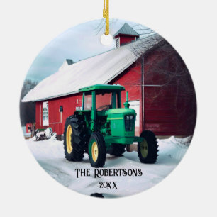 Décoration En Céramique Tracteur vert et grange rouge