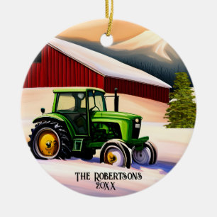 Décoration En Céramique Tracteur vert et grange rouge