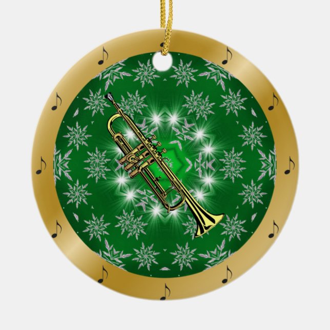 Décoration En Céramique Trompette ~ Argent ~ Vert ~ Or ~ Noël ~ (Devant)